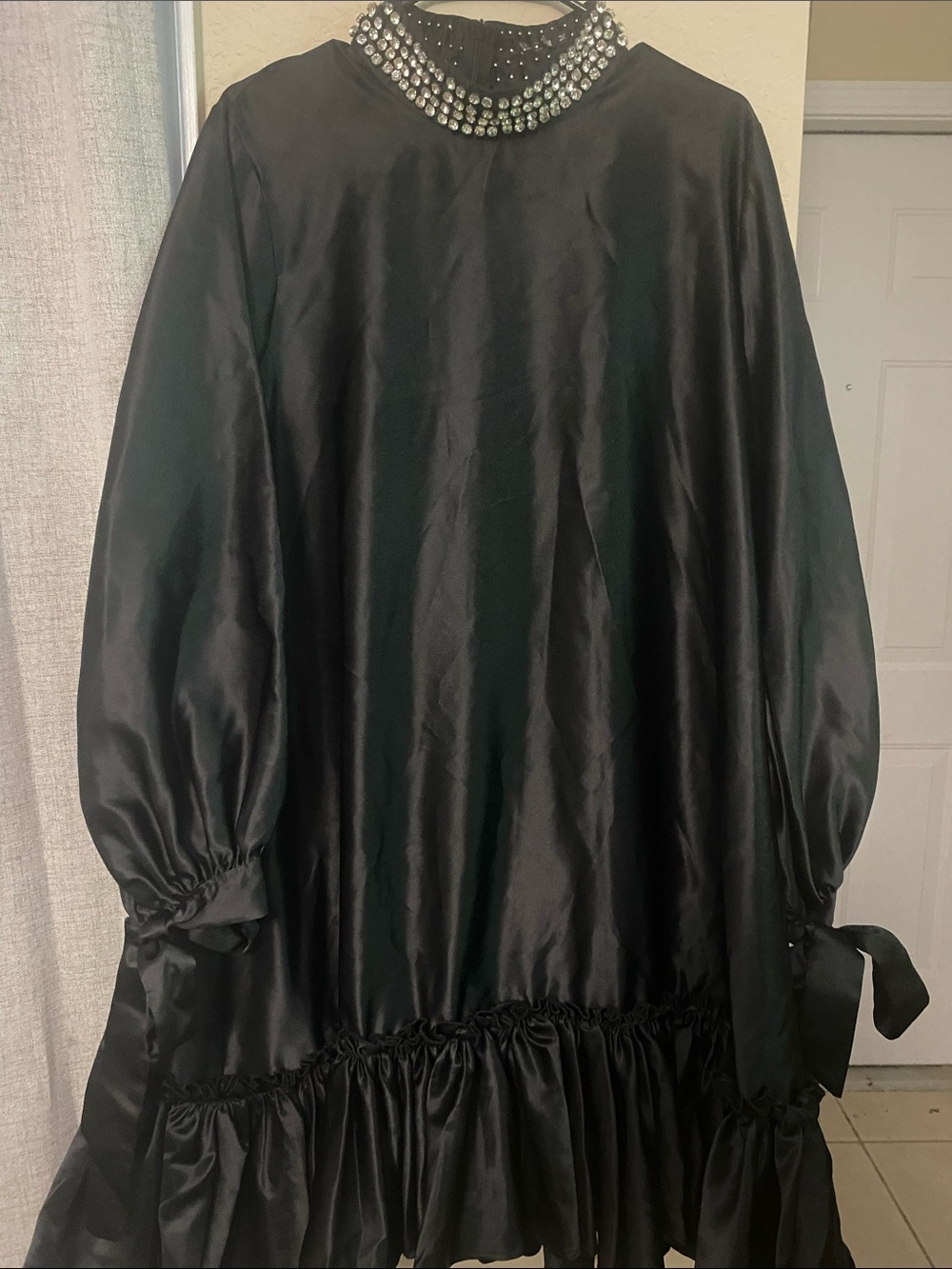 Embellished Collar Black Satin Shift Dress